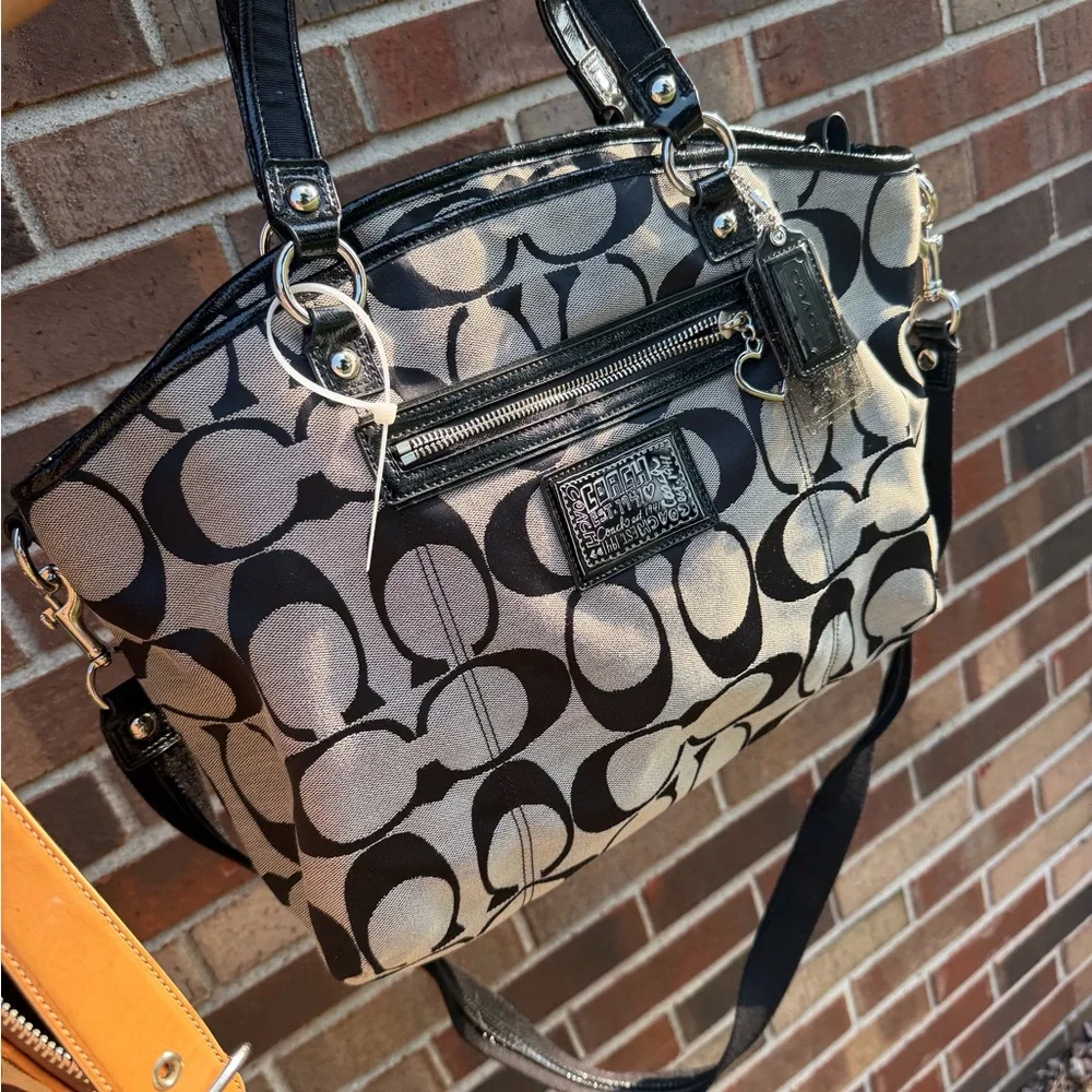 Coach Black and Cream Signature Satchel with Leather Trim